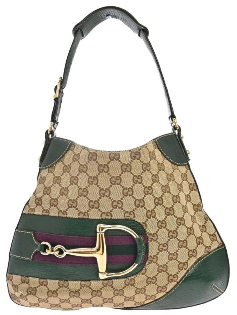 Gucci Beige Green Canvas GG Horsebit Shoulder Bag 137388 203998 168318